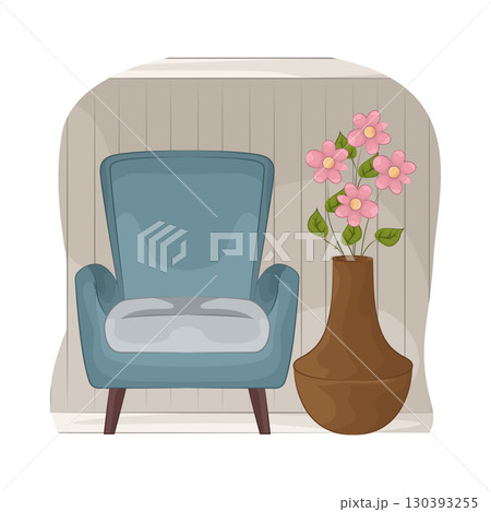 Illustration of Vase with beautiful flower near the armchair 130393255