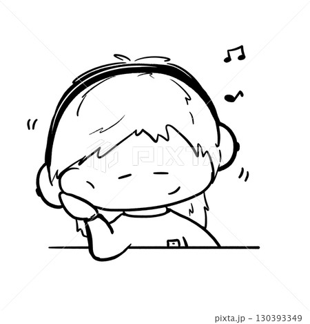 Cute girl listening to music on table cartoon outline illustration 130393349