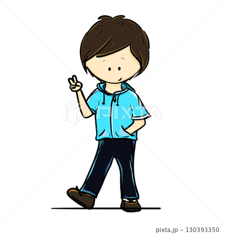 Boy wearing a blue hoodie making a peace sign cartoon illustration 130393350
