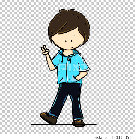Boy wearing a blue hoodie making a peace sign cartoon illustration 130393350