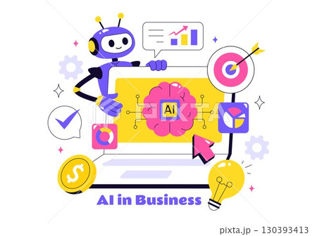 Artificial Intelligence in Business Vector Illustration Featuring Digital Brain Technology and Engineering Concept with Programmer, Data, and Systems 130393413