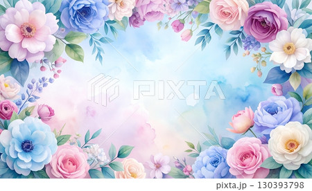 水彩の優美な花々と青空背景｜春色フローラルフレームデザイン 130393798