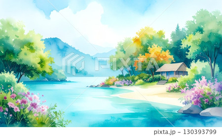 水辺の静寂｜四季折々の自然が彩る癒しの田舎風景イラスト 130393799