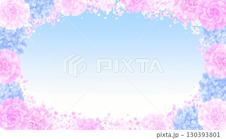 爽やかな春色フレーム｜カーネーションと紫陽花の背景デザイン 130393801