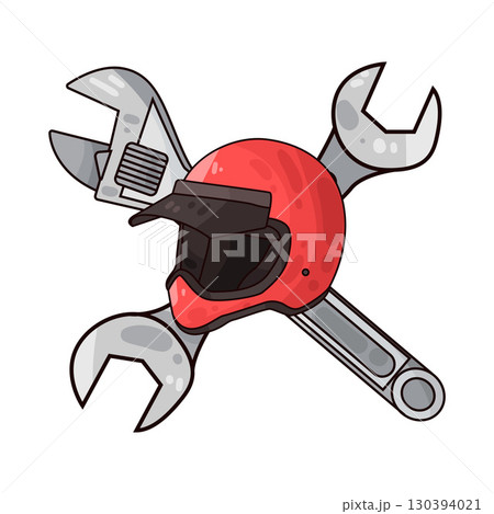 illustration of motorcycle helmet with wrench 130394021
