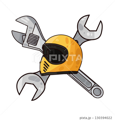 illustration of motorcycle helmet with wrench 130394022
