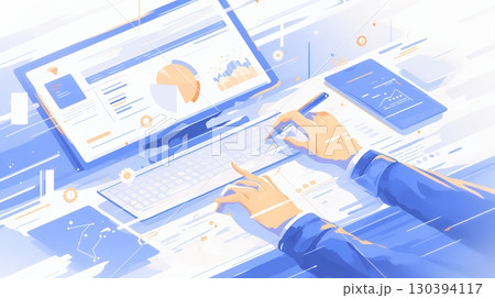 資料作成しているビジネスパーソン：レポート、プレゼンテーション資料の作成。