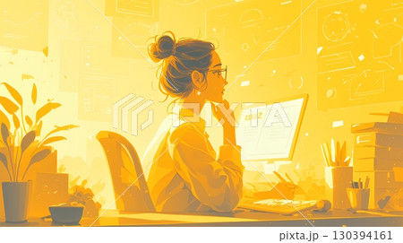 PCで資料作りをしている若い女性