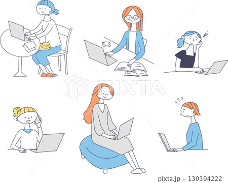 パソコンを使う女性のイラストセット 130394222