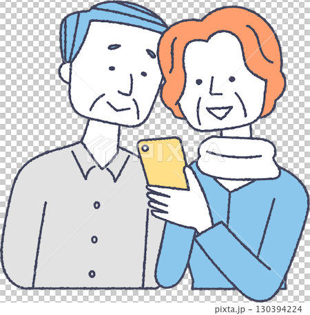 スマホを見ているシニア夫婦 130394224
