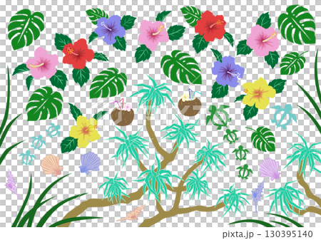 トロピカル素材　常夏の植物・ウミガメのマークなど 130395140