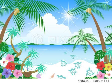 トロピカル素材　キラキラしたビーチにウミガメの赤ちゃん 130395141