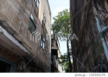 タイバンコクの建物に囲まれた路地からビルと樹と空を見上げた風景 130395270
