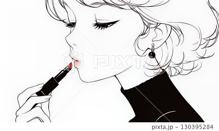 化粧をしている（口紅をつけている）若い女性（シンプルな色使い）