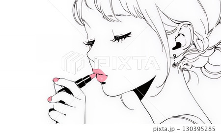 化粧をしている（口紅をつけている）若い女性（シンプルな色使い）