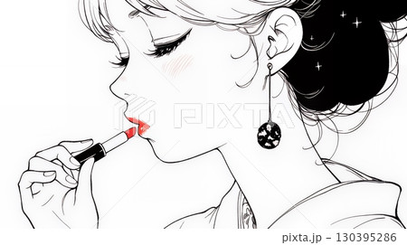 化粧をしている（口紅をつけている）若い女性（シンプルな色使い）