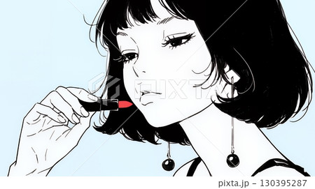 化粧をしている（口紅をつけている）若い女性（シンプルな色使い）