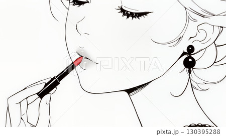 化粧をしている（口紅をつけている）若い女性（シンプルな色使い）