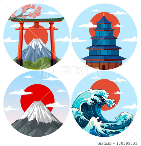 Japanese Landmarks and Nature in Circular Vector Icons Japanese Landmarks and Nature in Circular Vector Icons 130395333