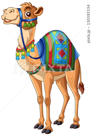Smiling Camel with Colorful Saddle Blanket in Cartoon Style 130395334