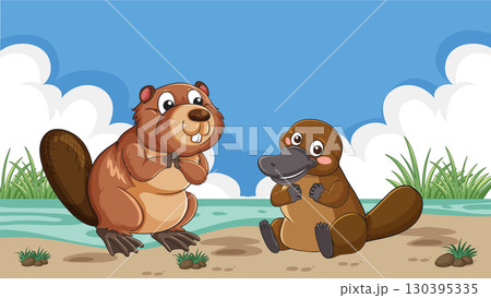 Cartoon Platypus and Beaver by Riverside on Sunny Day 130395335