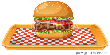 Classic Cheeseburger on Checkered Fast Food Tray 130395352