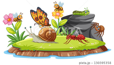 Colorful Insects and Snail on Forest Floor 130395358