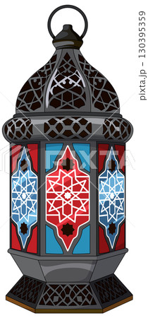 Traditional Middle Eastern Lantern with Geometric Stained Glass Panels Traditional Middle Eastern Lantern with Geometric Stained Glass Panels 130395359