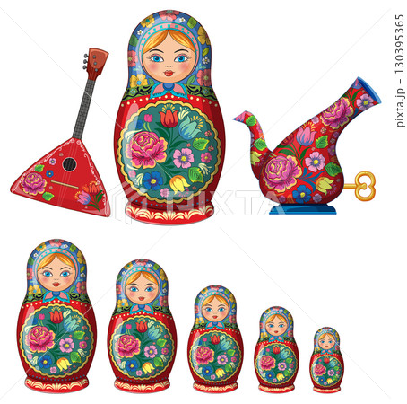 Traditional Russian Nesting Dolls with Balalaika and Samovar 130395365