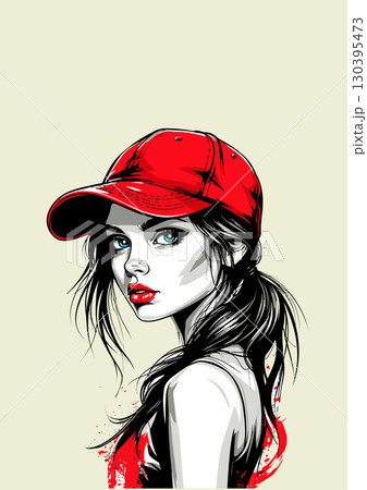 Stylish woman with ponytail wearing red baseball cap and red lipstick, creating fashionable and trendy look Stylish woman with ponytail wearing red baseball cap and red lipstick, creating fashionable and trendy look 130395473