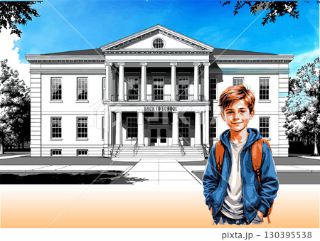 Happy student standing in front of his school with a backpack, ready for the new academic year 130395538
