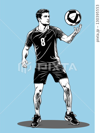 Male athlete in uniform serving volleyball during professional match, dynamic sports illustration Male athlete in uniform serving volleyball during professional match, dynamic sports illustration 130395553
