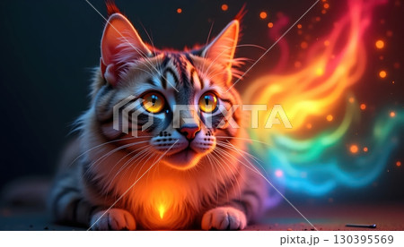 Mystical Cat Illuminated with Fiery Rainbow Phoenix Energy Transformation 130395569