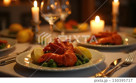 Elegant Romantic Dining Experience With Roasted Lobster And Fresh Seasonal Vegetables 130395717