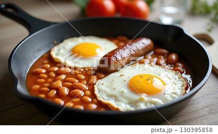 Morning Breakfast Pan Filled With Sunny Eggs Beans And Juicy Grilled Sausages 130395858