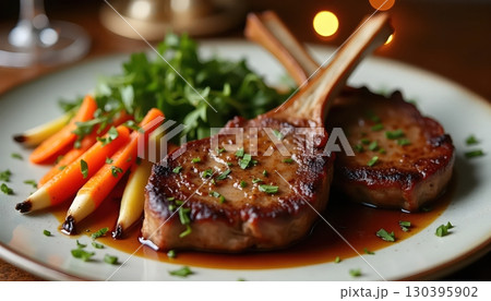 Holiday Dinner Roasted Lamb Chops Served With Side Vegetables And Herbs Holiday Dinner Roasted Lamb Chops Served With Side Vegetables And Herbs 130395902