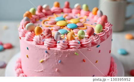 Candyland Inspired Celebration Cake with Colorful Sweets and Pink Frosting 130395952