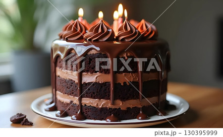 Towering Chocolate Cake with Beautiful Dripping Layers and Smooth Finish 130395999