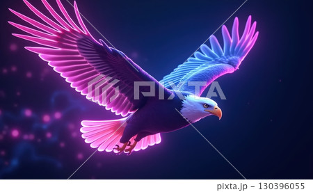 Surreal Digital Eagle Illuminated by Glowing Purple Blue Neon Aura 130396055