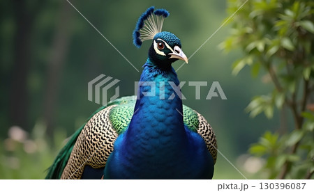 Elegant Blue Peacock Displaying Royalty Through Vibrant Radiant Plumage Feathers Elegant Blue Peacock Displaying Royalty Through Vibrant Radiant Plumage Feathers 130396087