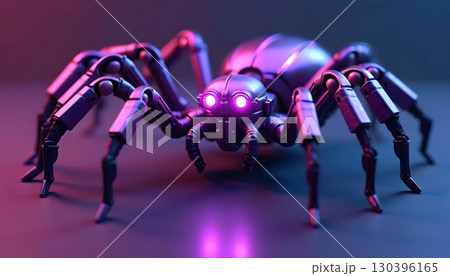 Futuristic Neon Robotic Spider Glowing with Bright Purple Cyber Eyes 130396165