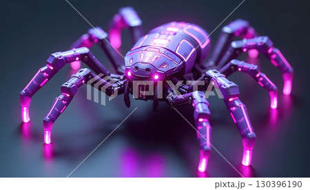 Futuristic Arachnid Cyberpunk Machine Illuminated by Bright Purple Neon Glow 130396190