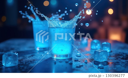 Vibrant Festive Cocktail Art with Colorful Ice and Orange Garnish Vibrant Festive Cocktail Art with Colorful Ice and Orange Garnish 130396277