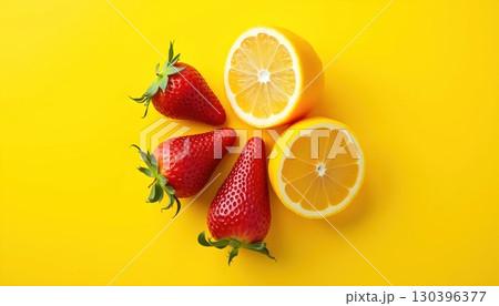 Creative Artistic Tropical Fruits Display with Lemon and Peach Together 130396377