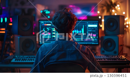 音楽制作・編集をする男性の後ろ姿 130396451