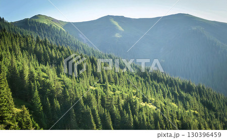 晴れた景色に連なる山々 130396459