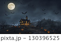 闇夜に輝く満月と夜空の風景画 130396525