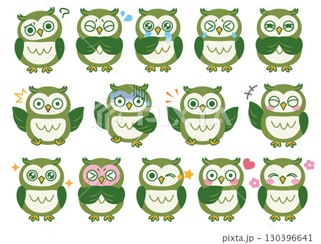 ミミズクのいろんな表情のイラストセット04(グリーン) ミミズクのいろんな表情のイラストセット04(グリーン) 130396641