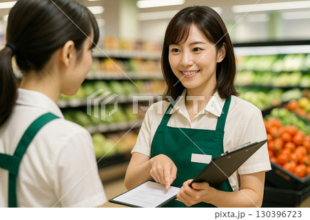 スーパーで説明する女性 130396723