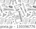 Black and white seamless pattern with stationery items. Flat cartoon vector illustration of notebook, pens, pencils, scissors, clips, paper tools. Concept of education, school, office supplies 130396776